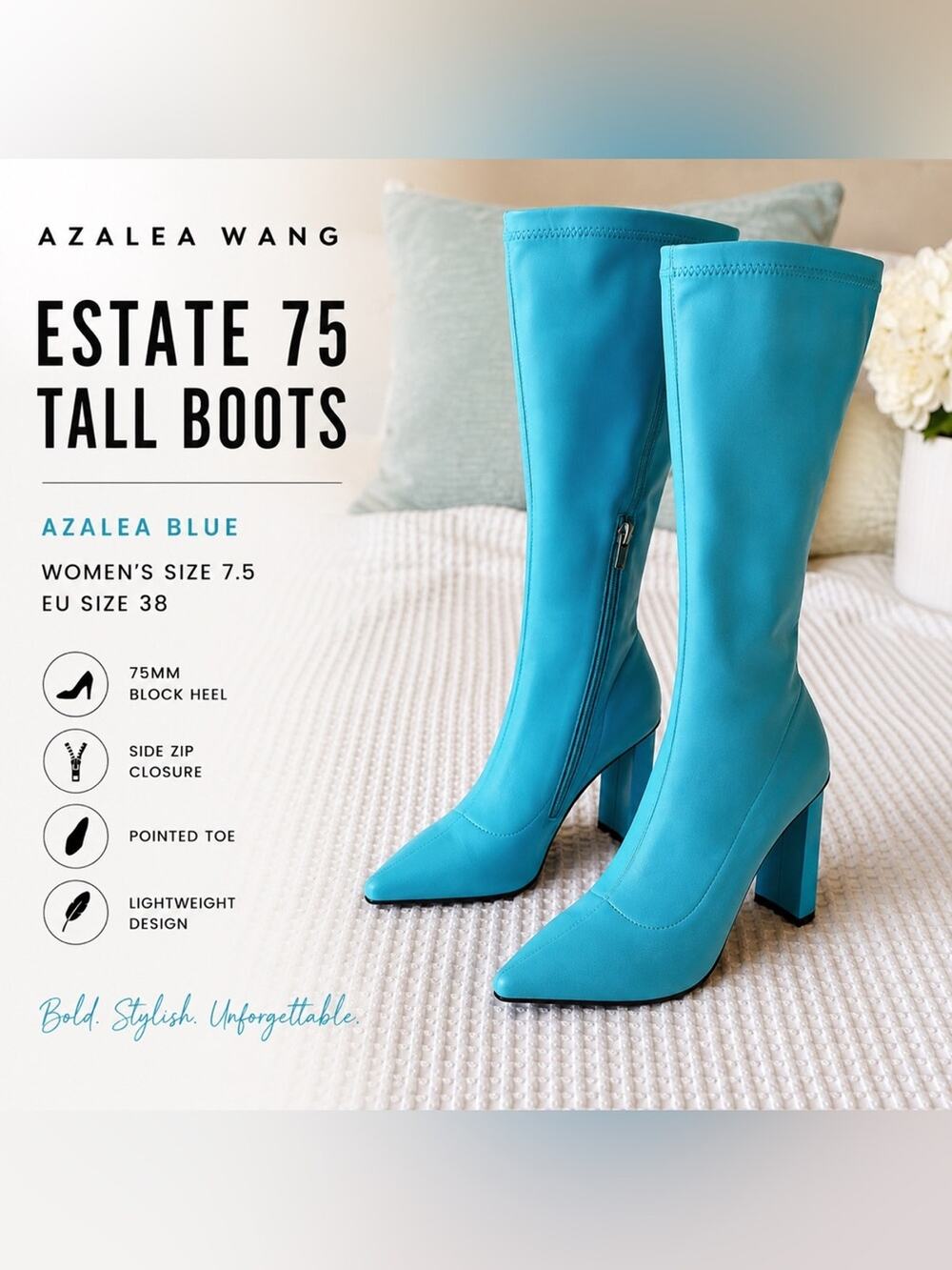 Azalea Wang Estate 75 Turquoise Knee High Boots Pointed Toe Sz 7.5 EU 38